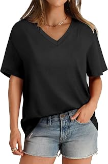 Damen T-Shirt Sommer Oversize Oberteil Kurzarm V-Ausschnitt Lose Tops Elegant Tunika