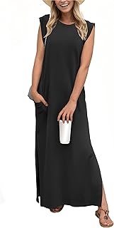 2026 Women Year-Round Casual Round Neck Loose Split Wrinkle-Free Long Maxi Vacation Dress with Pockets (XXS-4XL)
