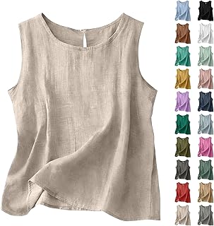 Débardeur Femme Coton Lin Col Rond sans Manches Top Été Chic Basique Uni Fluide Haut Confortable Vêtement Quotidien Chemisier Plage Tunique Femmes Grande Taille Débardeurs Tee Shirt Léger