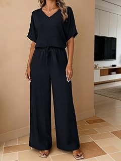Ensemble de détente 2 pièces pour femme, col en V, haut à manches courtes et pantalon à jambes larges, vêtements assortis pour femme, pyjama pour femme