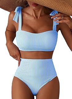 Women's Tie Shoulder Bikini Sets 2 Piece Striped Swimsuits High Waisted Bathing Suits