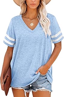 t-Shirts pour Femmes à Manches Courtes col en V rayé Hauts d'été décontracté t-Shirt Amples S-2XL