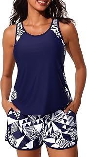 Blouson Tankini Swimsuits for Women 2026 Tummy Control Two Piece Bathing Suits with Sporty Pockets Swim Shorts
