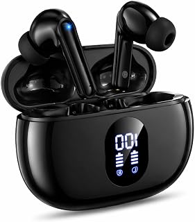 ZZU Wireless Earbuds Bass Stereo Headphones Bluetooth 5.3 Ear Buds, 48H Playtime, LED Display in Ear Earphones with Mic, IPX7 Waterproof, Touch Control Lightweight for iPhone/Sports/Laptop Black