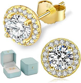 Moissanite Earrings, Diamond Stud Earrings For Women Men, White Gold Plated S925 Sterling Silver Earrings Stud, D Color VVS1, Brilliant Round Cut, Jewelry for Mom Wife Her(Halo), 1CT-2CT