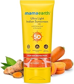 Mamaearth Ultra Light Indian Sunscreen with Carrot Seed & Turmeric | SPF 50 PA ++++ | UVA & UVB Protection | Tan Protection | No White Cast | Non-Greasy & Quick Absorbing | Super Lightweight | Suits All Skin Types | In-Vivo Tested | 80 g