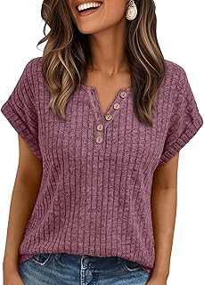 Women Tops Summer Sweaters Short Sleeve V Neck Henley Shirts Dressy Button Blouses