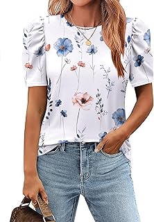Tshirt Damen Tops Sommer Rundhals Oberteile Elegant Puffärmel Bluse Kurzarm Shirt Casual Outfit