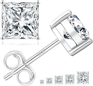 Moissanite Studs Earrings for Women, 0.6-2CT Simulated Princess Cut Moissanite Diamond, 925 Sterling Silver D Color VVS1, 14K Gold/White Gold Plated