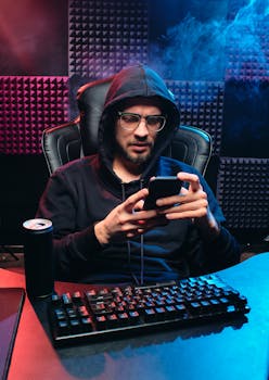 A seated tech-savvy adult using a smartphone in a gaming room.